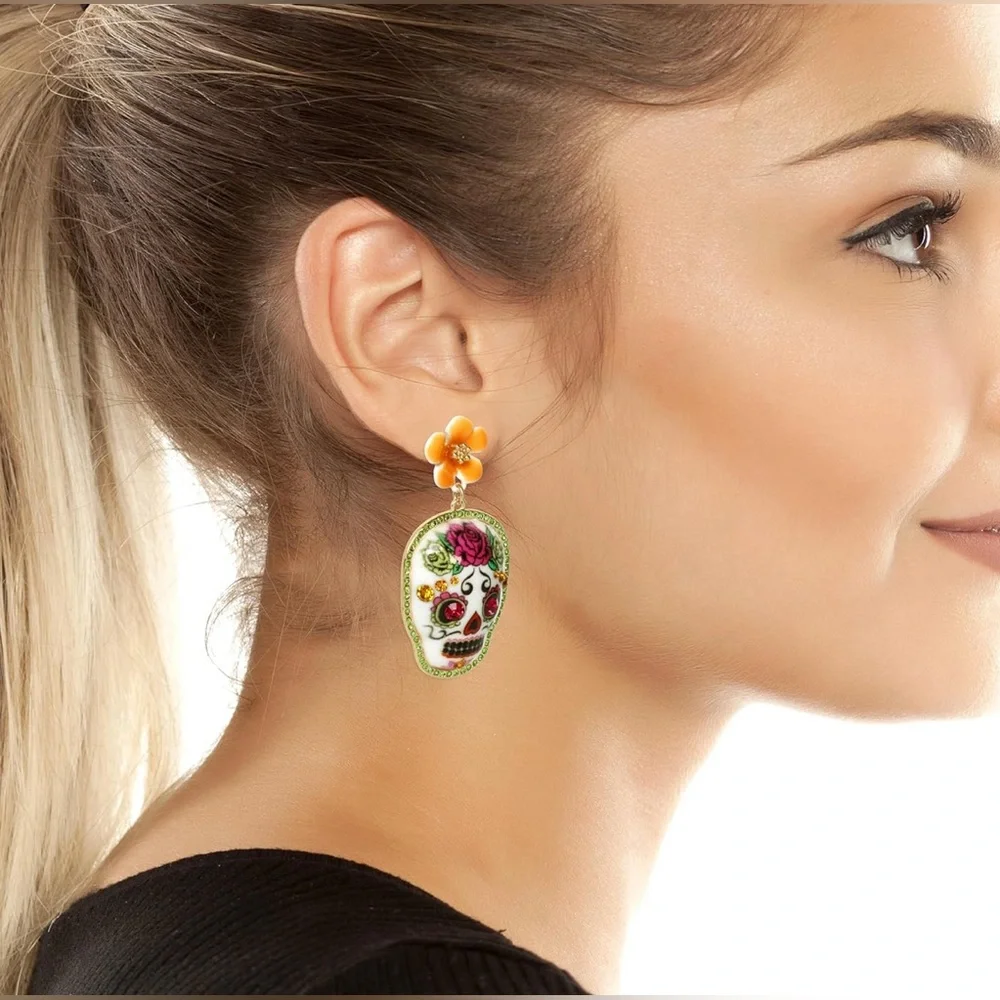 Betsey Johnson Floral Skull Drop Earrings